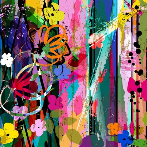 Abstract background composition with flowers, with strokes, splashes and geometric lines